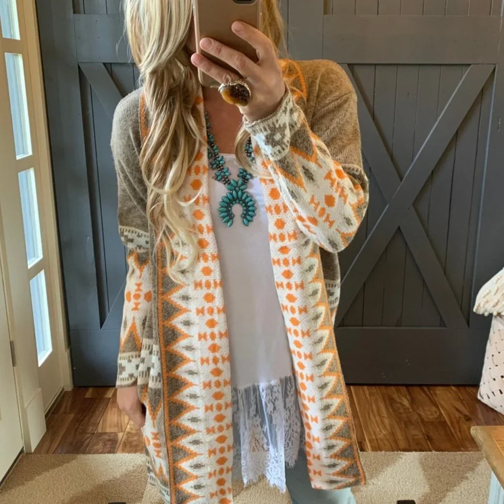 New Cozy Native Tribal Cardigan Sweater / Boho Western Long Blanket - Picture 5 of 8